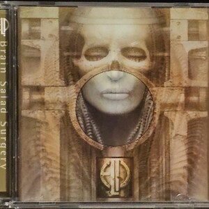 K&ouml;nnte beinhalten: CD-H&uuml;lle mit dem Albumcover von "Brain Salad Surgery". Das Artwork zeigt ein surrealistisches, sepiafarbenes Bild eines Gesichts mit kreisf&ouml;rmiger &Ouml;ffnung, mechanischen Elementen und dem Logo der Band.