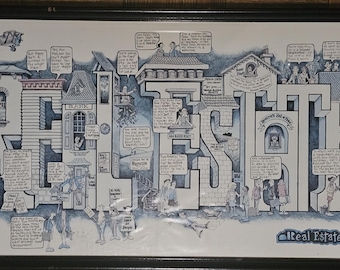 Vintage PETER MULCAHY "Real Estate" 1980, Cartoon Style, Lithograph Print, Framed, approx. 15" x31" rRARE