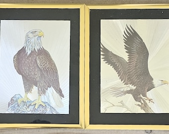 Vintage Foil Etching Bald Eagle, Bird Art Print Matted & Framed, Set of 2