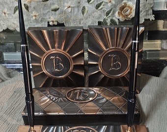 Hyde Park 4-Piece Monogram Copper Plated and Metal Desk Set, Book Ends, Pen Desk Set, Cigar/Cigarettes Box, Art Deco