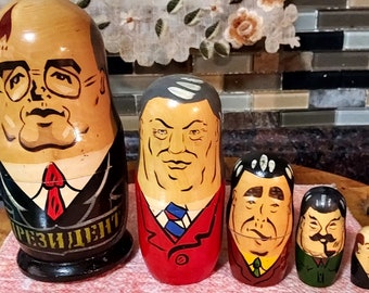 Vintage 1990s Russian Political Matryoshka Nesting Dolls, Boris Yeltsin, Gorbachev, Brezhnev, Stalin and Lenin