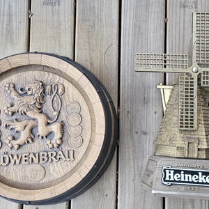 Vintage Beer Advertisement Signs, LOWENBRAU Keg Barrel Sign, HEINEKIN Beer Windmill Sign, Plastic Bar Room Signs