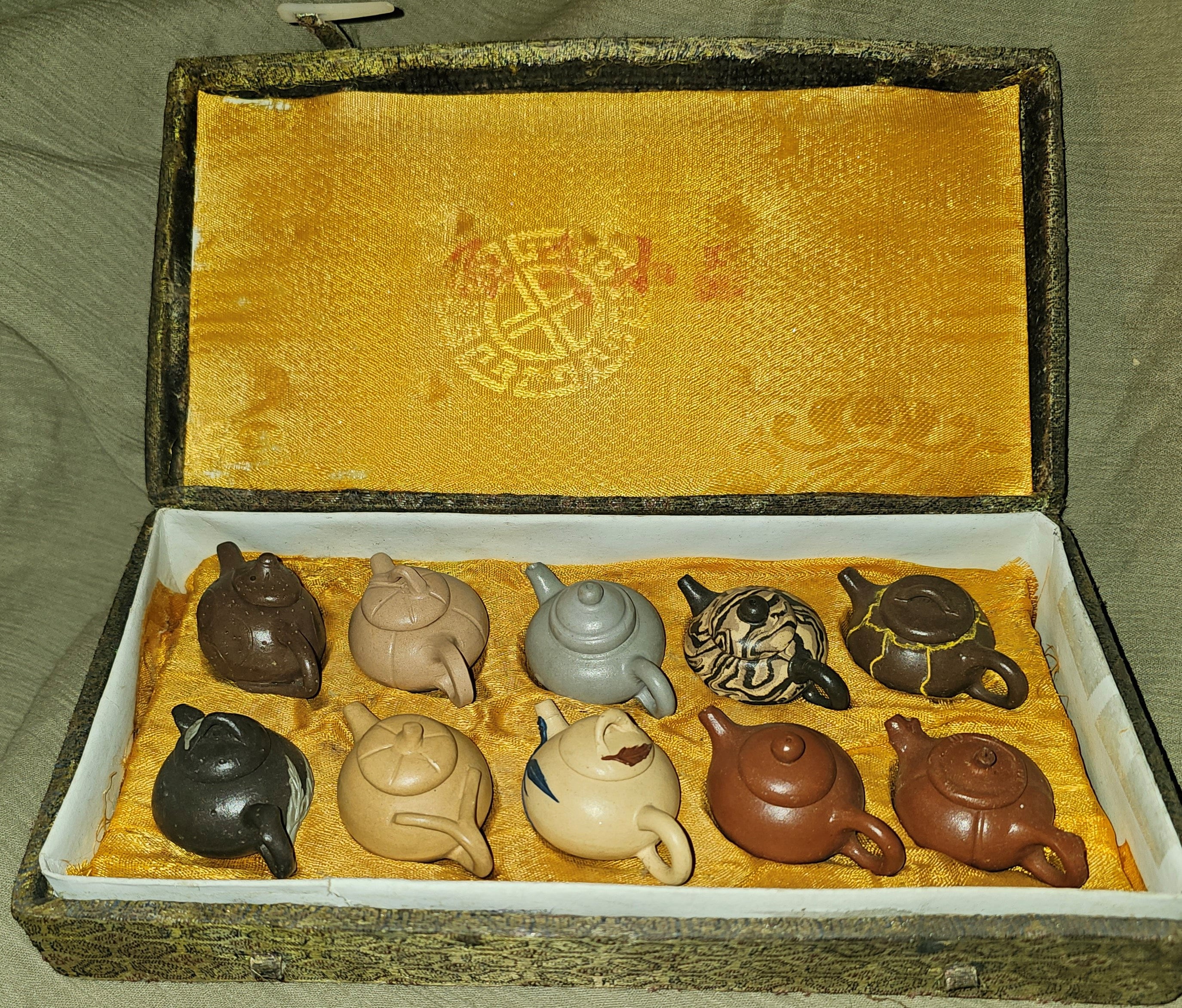 Asian Miniature Handmade Clay Teapots in Original Case, Set of Ten