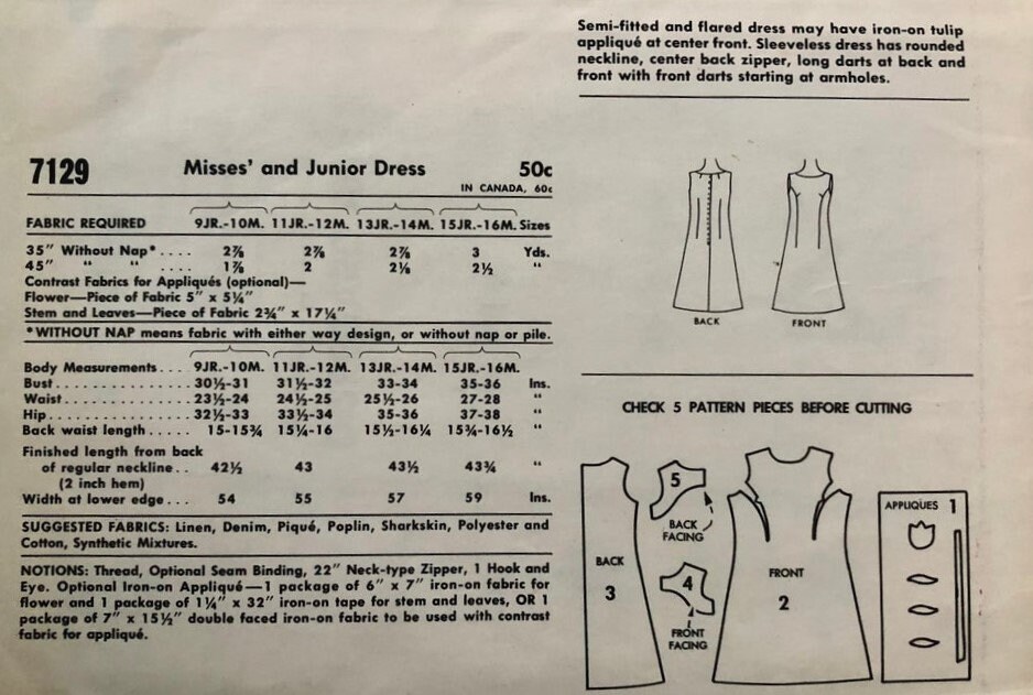 Vintage 1960's McCall's 6389, 7129, Sewing Pattern, Misses' and Junior ...