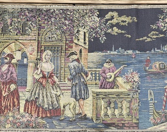 1970's Large Wall Hanging, Night Masquerade Party on Terrace Scene, Venice Italy, Woven Tapestry 18" x 54"   RARE