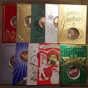 Vintage Franklin Mint Christmas Card with Bronze Coins, 1980s, Lot of 10