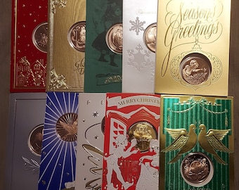 Vintage Franklin Mint Christmas Card with Bronze Coins, 1980s, Lot of 10
