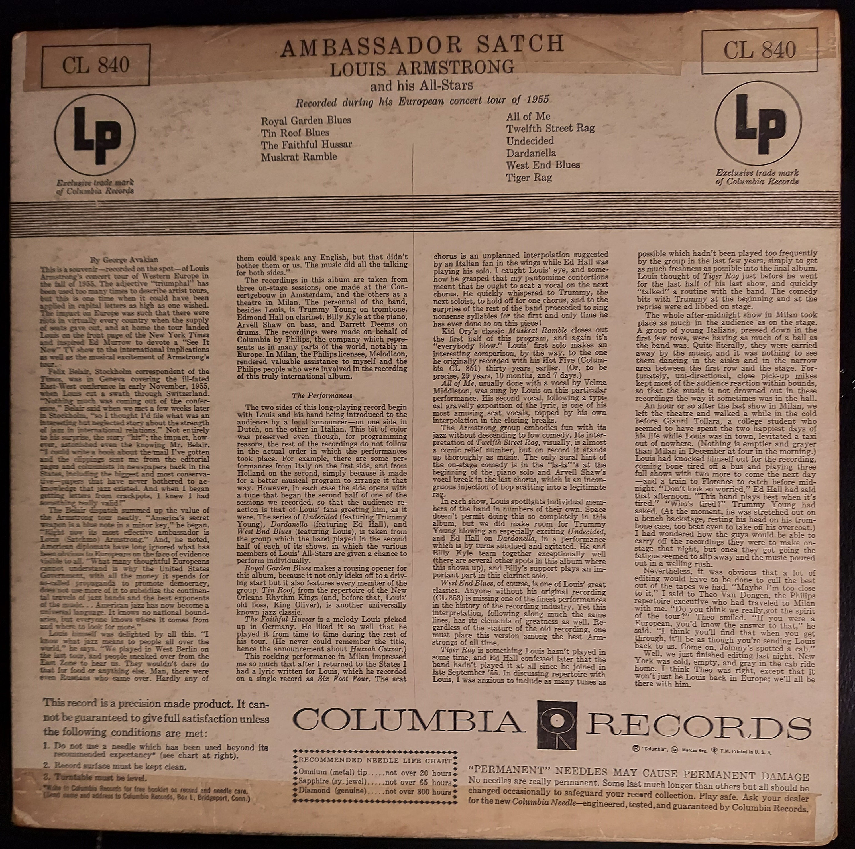 Vintage LP - Louis Armstrong and His All-Stars - Ambassador Satch, 1956  Columbia Records – CL 840