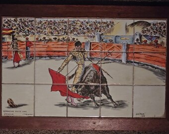 Vintage 1960s Ceramic Tile Wall Art, Spanish Bull Fight Hand Painted Wall Art, Mural Tile