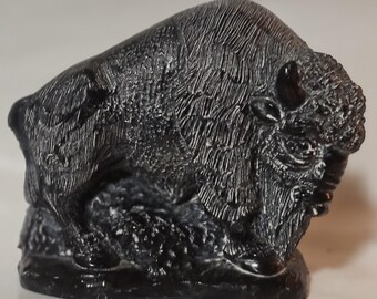 Vintage 1970s Aardvark Soapstone Bison, MCM Mid Century, Black Buffalo Tabletop Figurine, Midcentury Carved Statue, Canada