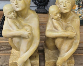 Vintage Art Sculpture Mother Holding Baby Nude Sitting Pose Statue Figurine, MCM Art