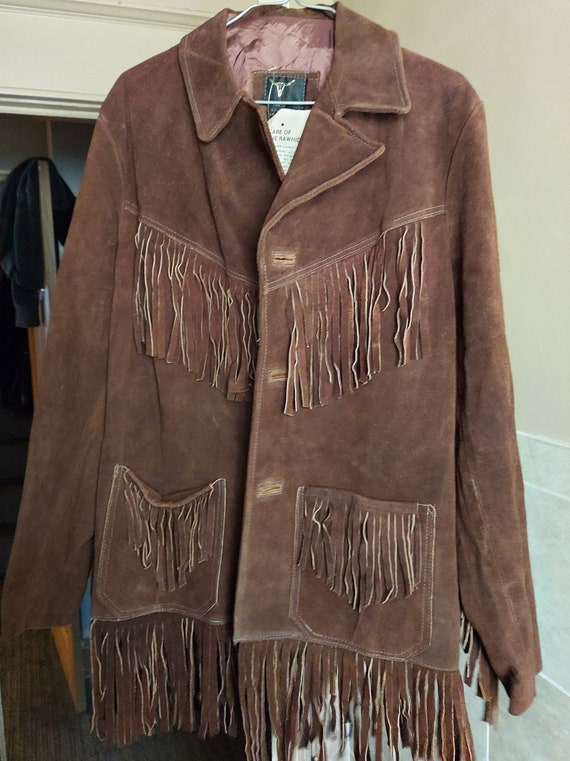 Vintage 60s 70s Brown Genuine Leather Fringe Coat… - image 1