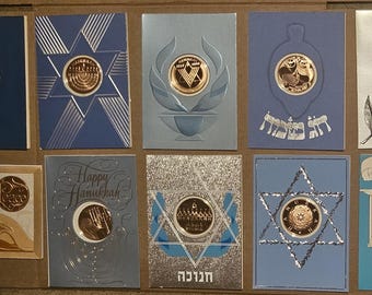 Vintage Franklin Mint Hannukah Christmas Cards with Bronze Coins, 1980s, Lot of 10 Cards
