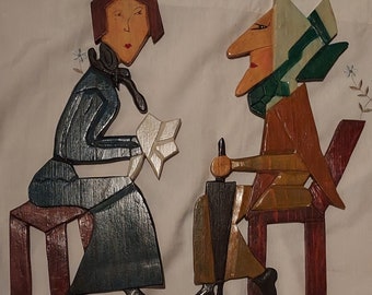 Vintage Hand-Painted Wooden Wall Hanging, The Gossips, Wall Art