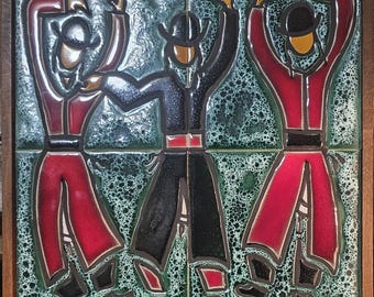 Vintage Ein-Reb Art, Hassidic Dancers, Hand Crafted Ceramic Tile Wall Plaque