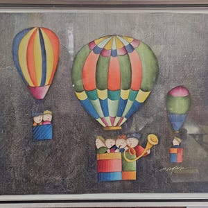 Vintage 1970s Joy Roybal Signed Framed Large Oil Painting, Children Playing Instruments in a Hot Air Balloon