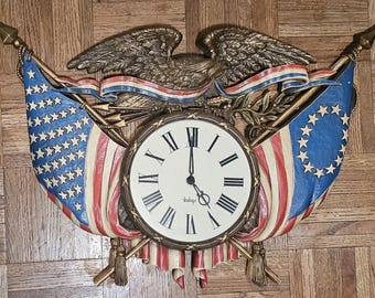 Vintage 1970's Burwood Arabesque Wall Clock, American Flag Large Eagle, Patriotic, Clock Not Working