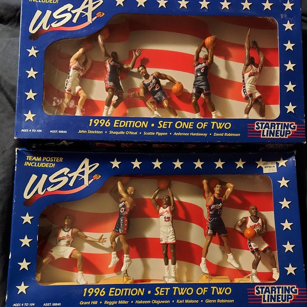 Starting Lineup, 1996 USA Men’s Basketball Figurines with Poster, Dream Team, Factory Sealed, Both Sets