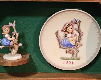 Vintage 1970s Goebel Hummel "Apple Tree Girl" Figurine & Matching Plate w/Display Shelf