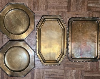 Vintage Brass Bamboo Rim Trays, Mid Century Modern Decorative Trays, Made in India