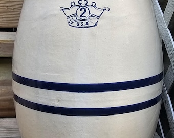 Vintage Antique Blue Crown 2 Gallon Stoneware Water Dispenser, Crock Water Cooler w/Lid