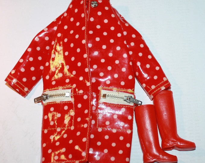 Featured listing image: Francie 'Polka Dots 'n Raindrops' #1255 1966 - Red and White Plastic Raincoat