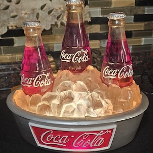 Vintage 1990s Coca Cola Lighted Tabletop Water Fountain, Ice in Silver Bucket