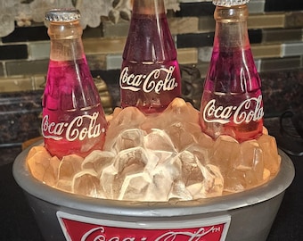 Vintage 1990s Coca Cola Lighted Tabletop Water Fountain, Ice in Silver Bucket