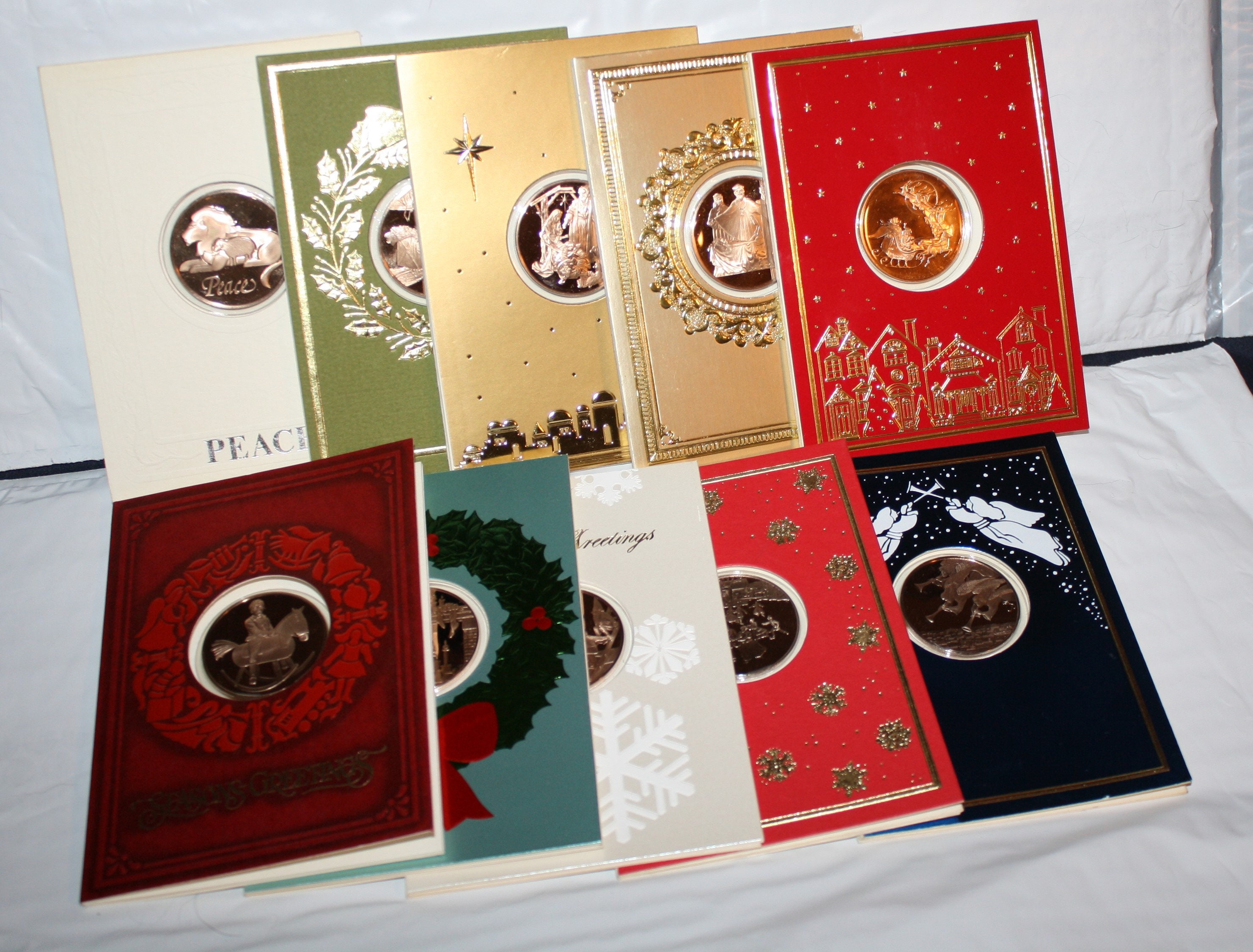 Vintage Franklin Mint Christmas Card with Bronze Coins, 1980s, Lot of 10