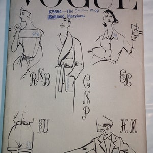 May include: A black and white illustration of a sewing pattern for a monogram. The pattern includes a robe, a shirt, shorts, and a jacket. The pattern is from Vogue and is for size K5654. The text "The Sewing Shop Suitland, Maryland" is also included.