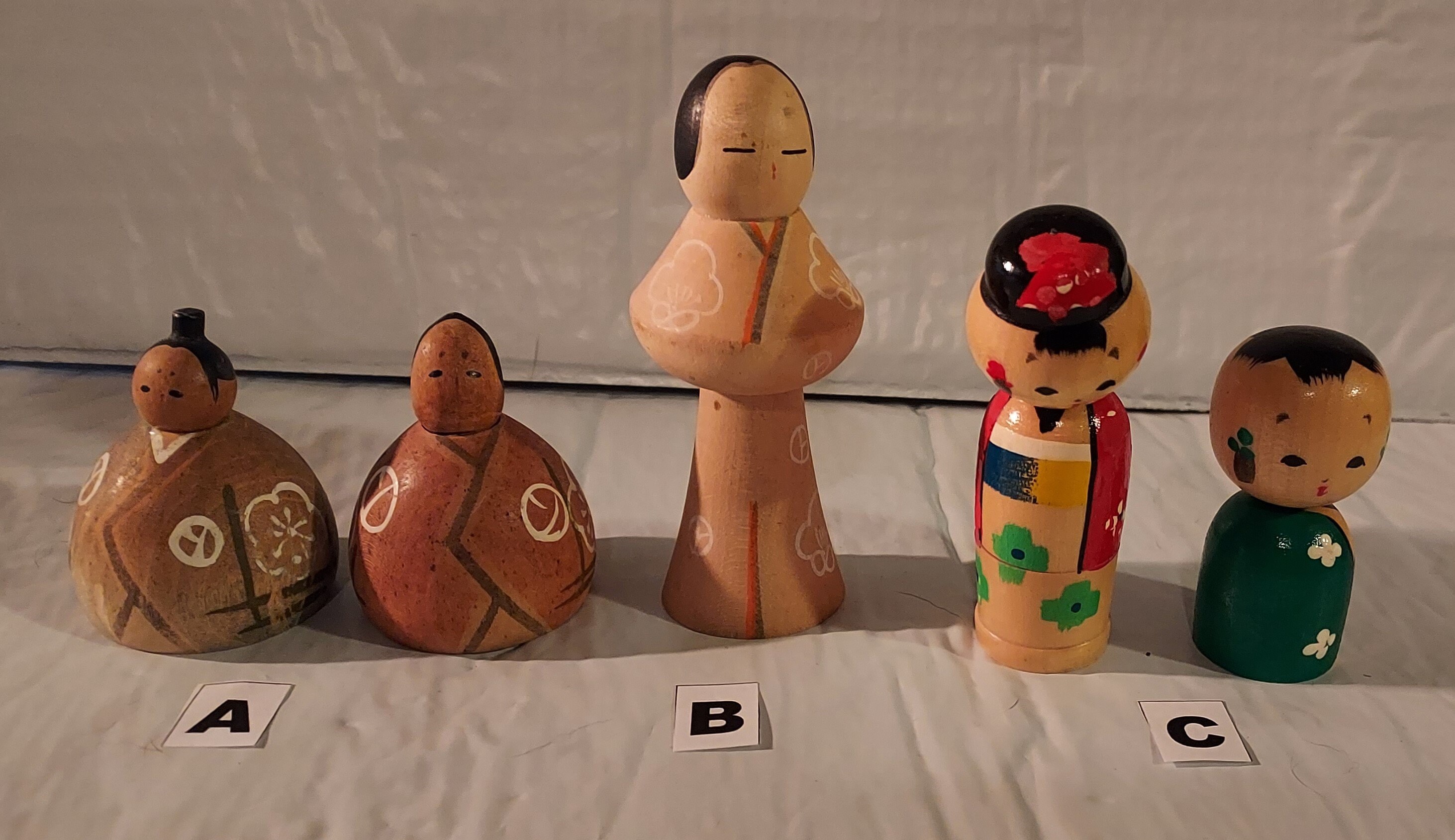 Vintage Kokeshi Wooden Dolls with Delicately Handpainted and Carved