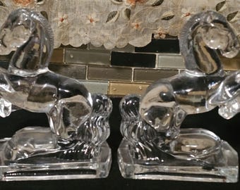 Vintage Horse Bookends: Clear Glass Rearing Horse, Solid Bronze Horse Heads, Mid Century Modern