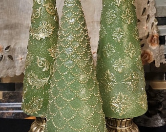 Wax Tree Luminaries Holiday Set, 3 Green/Gold Embossed Design, Flameless Candles