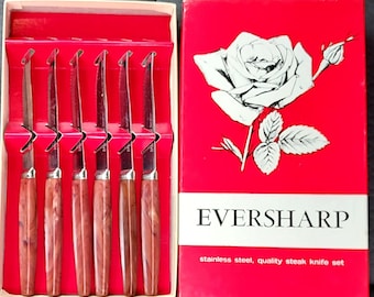 Vintage 6 Piece Stainless Steel Steak Knives Sets, Eversharp & Lifetime Cutlery