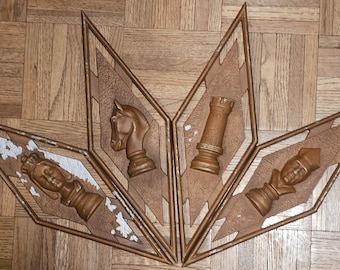 Vintage 1960s SEXTON Chess Pieces Wall Decor Plaques Cast Aluminum Brown Mid Century Modern Wall Art