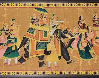 Vintage Indian Painting Cloth Warriors Riders Mughal Pigment Temple Decor, Framed 18" T x 45" L