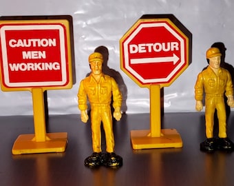 Vintage Buddy L 1983 Playset Pieces, Construction Workers & Construction Signs, Lot of 4