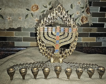 Vintage Brass Menorah, Verdigris Dayagi, Chabukkah, Hen Holon Menorah. Brass enameled, Candelabra Judaica