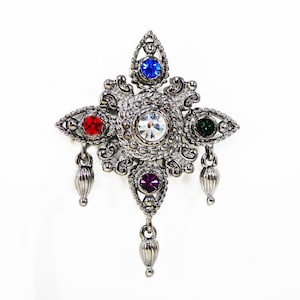 BARBIE, broche de estrella firmado Bob Mackie Jewel Essence Series Jewel Tone Rhinestones Silver Tone Malta Cross, 1997