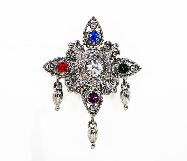 Vintage Brooch Pin with Colorful Jewel Tone Rhinestones