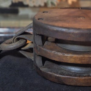 Vintage, Large Primitive Block & Tackle Double Wooden Pulley Wheel, Industrial Home Decor