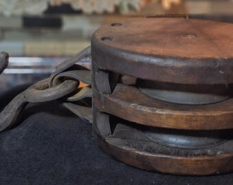 Vintage, Large Primitive Block & Tackle Double Wooden Pulley Wheel, Industrial Home Decor