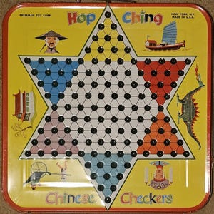 Vintage Hop Ching Chinese Checkers Board Game, Metal Tin, COMPLETE