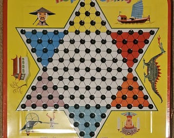 Vintage Hop Ching Chinese Checkers Board Game, Metal Tin, COMPLETE