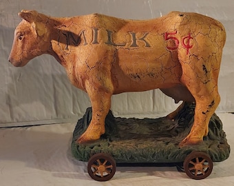 Vintage 5 Cent Milk Cow Bull Pull Toy, Hollow Sculpture, Resin Figurine, approx. 8" Tall