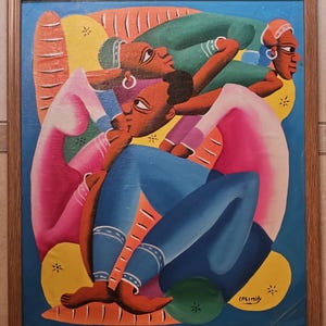 CASMIR, Bright Colorful Oil Painting on Canvas, Haitian Primitive Frame