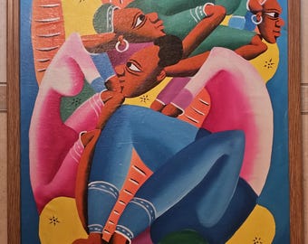 CASMIR, Bright Colorful Oil Painting on Canvas, Haitian Primitive Frame