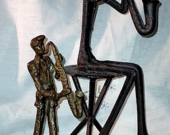 Vintage Saxophone Player Figurine, Jazz Musician, Bronze Sculpture, Iron Metal Sculpture