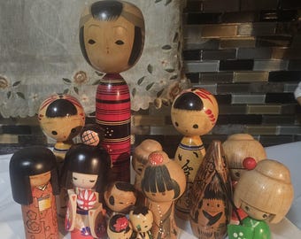 Vintage Kokeshi Wooden Dolls with Delicately Hand-painted and Carved Designs, Asian Folk Art