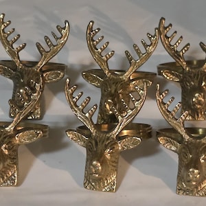 Holiday Napkin Holders, Brass Reindeers Napkin Rings, Silver Plated Oval Napkin Rings w/Gold Tone Bows, 4 in Set